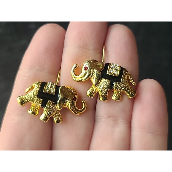 Gold Tone Metal Elephant Shaped Red Rhinestone Eyes Leverback Earrings Vintage - Picture 3 of 10